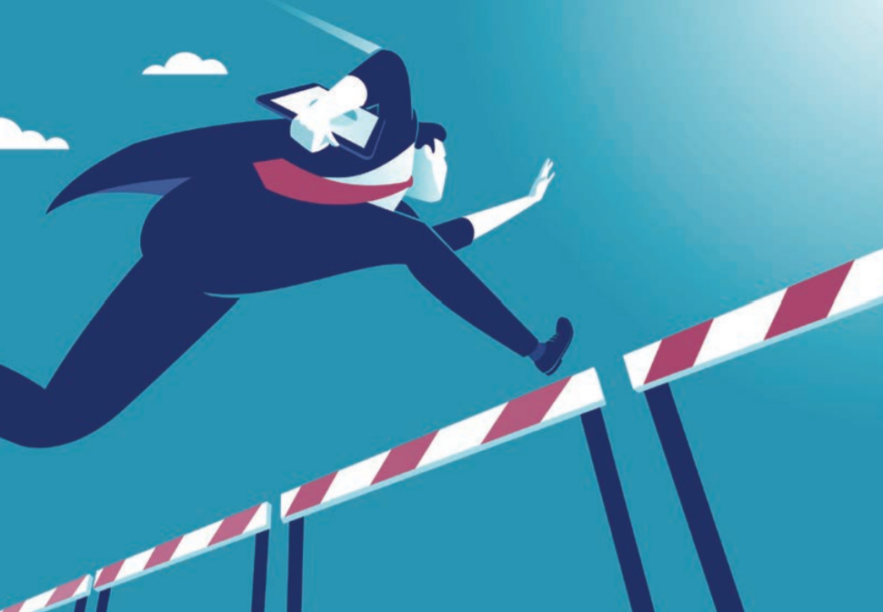 Graphic art of a man in a suit vaulting over a hurdle