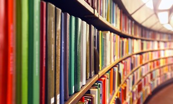 Colourful books displayed neatly on a library shelf