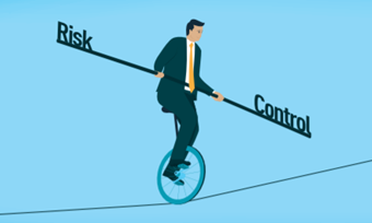 A man in a suit riding a unicycle with the words "risk control" in the background.