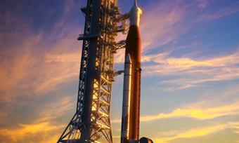 A space shuttle attached to a launchpad ready for takeoff